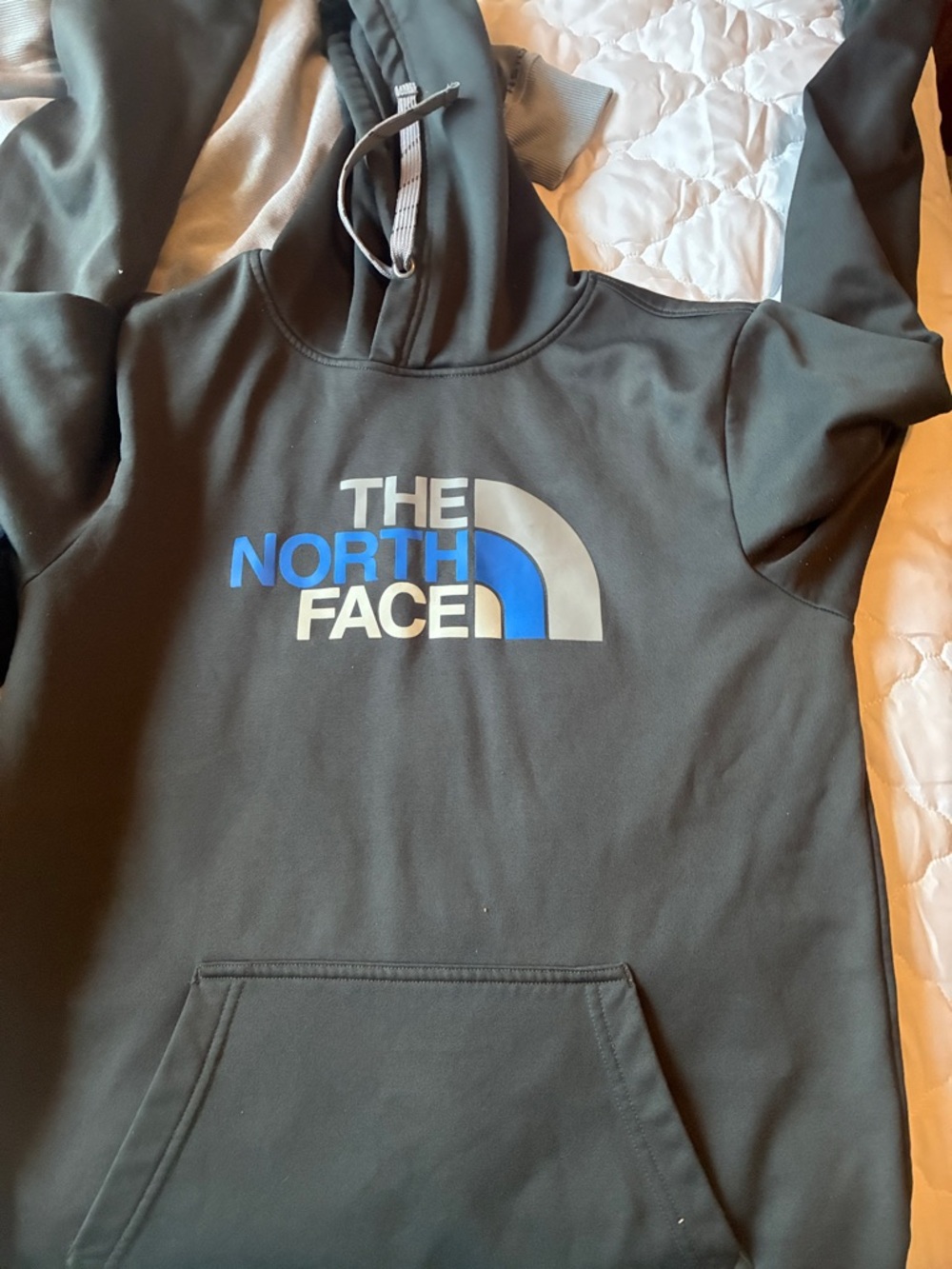 The North Face Olive Green Hoodie with Blue & Gray Logo